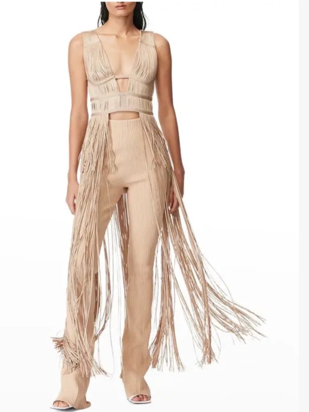 HERVE LEGER  Plunging Tiered Fringe Top Sesame NWT